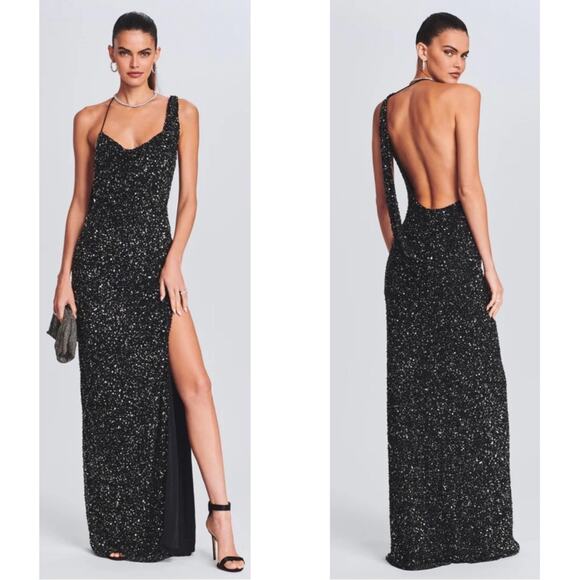 Retrofete Celine Sequin Asymmetrical Shoulder Draped Black Maxi Dress Size L - Picture 2 of 9